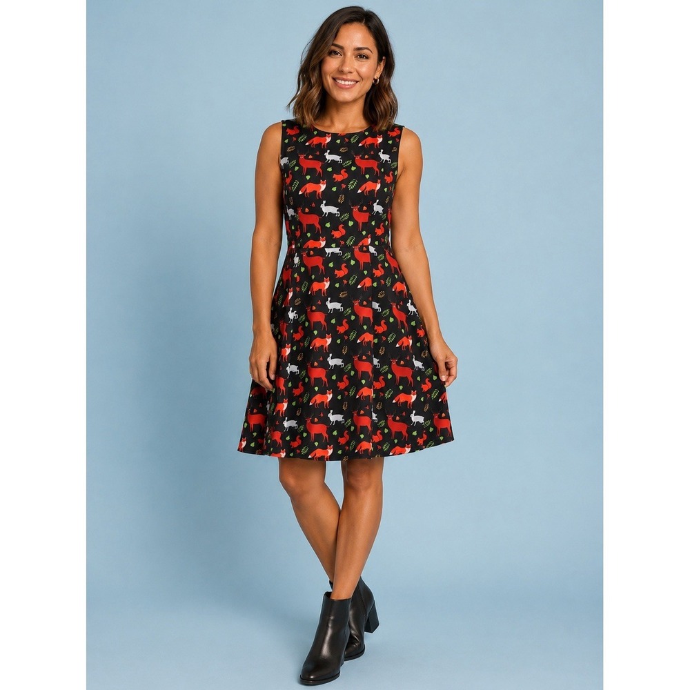 Paper Plane London Whimsical Animal Print Dress L Black / Foxes/Rabbits/Leaves